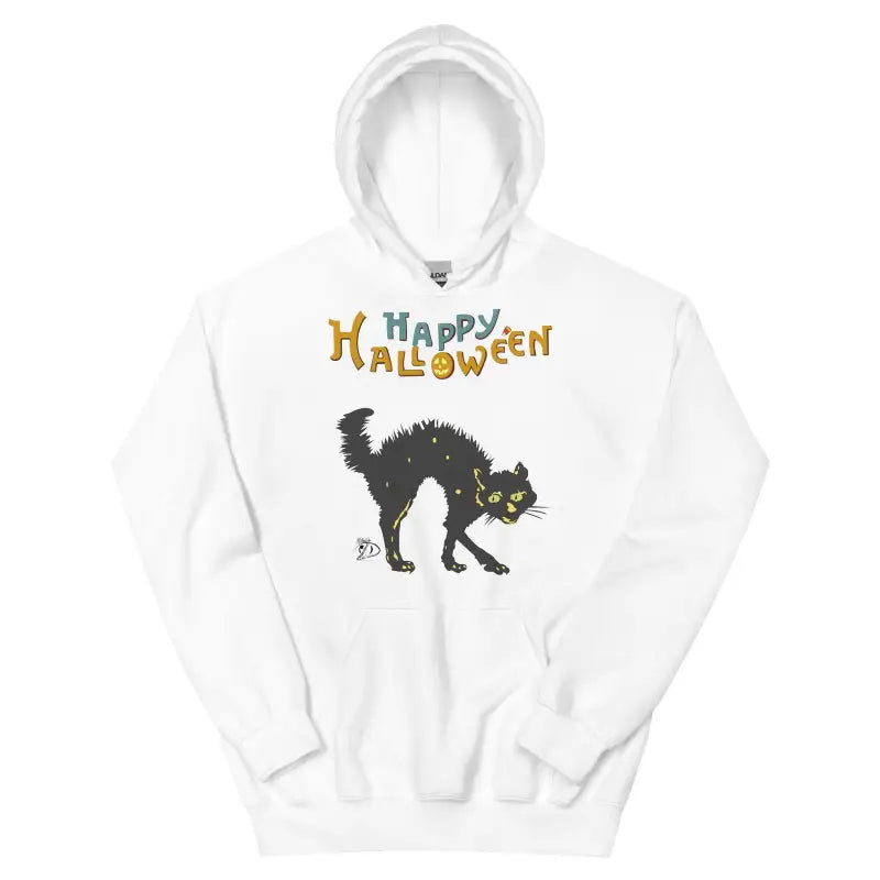 White hoodie sweatshirt with a scary cat Halloween design and Happy Halloween text