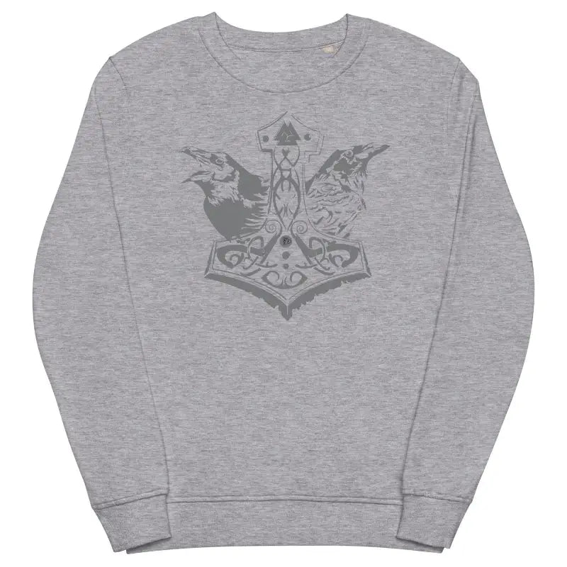 Unisex grey sweatshirt featuring Norse Mjölnir design with majestic ravens