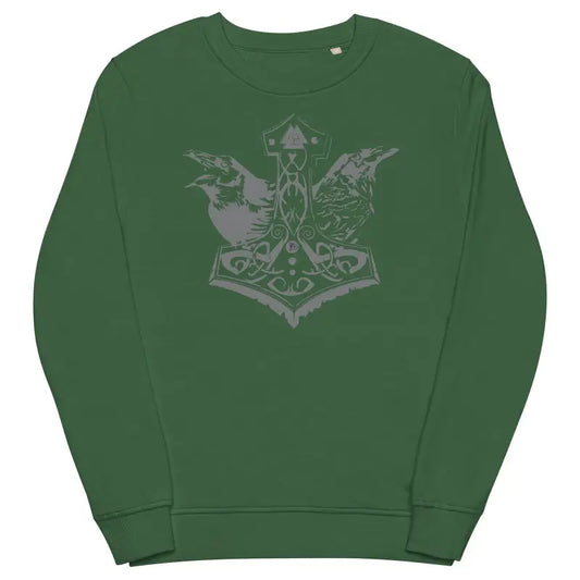 Unisex green sweatshirt with grey Mjölnir and Viking ravens in ornate design