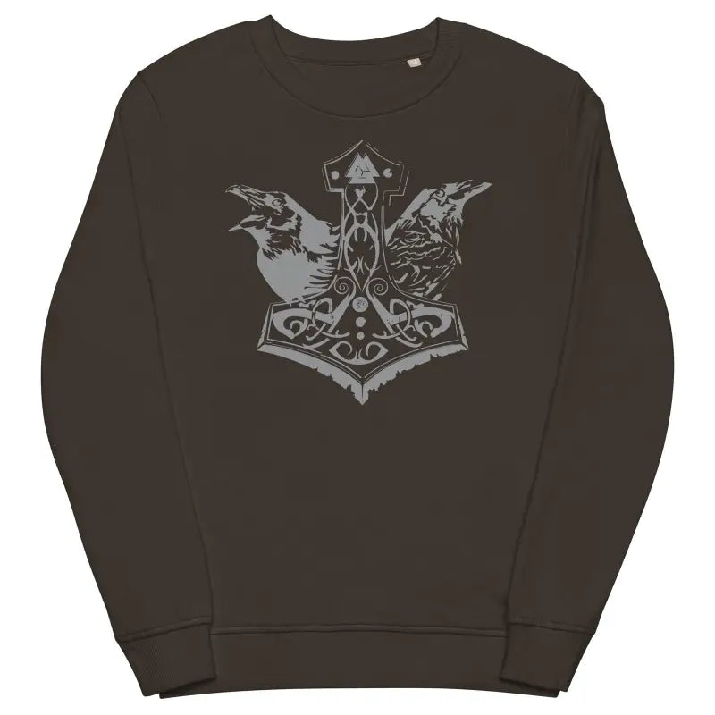 Dark brown unisex sweatshirt with grey Mjölnir and majestic ravens, ideal for Viking fans