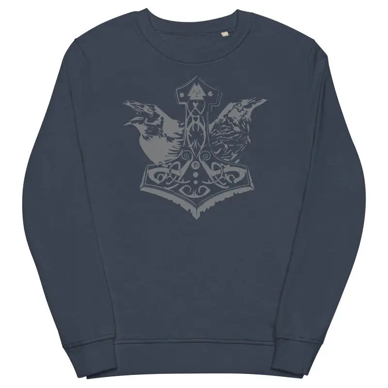 Navy blue sweatshirt with grey Mjölnir design, perfect for Viking-inspired unisex wear