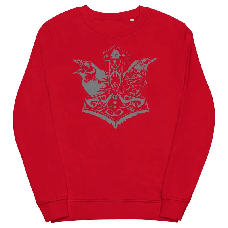 Red sweatshirt featuring a grey Mjölnir design, perfect for Viking-themed unisex fashion