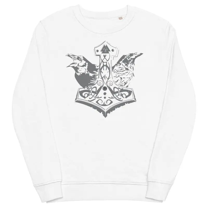 Unisex Green Sweatshirt featuring Grey Mjölnir and Majestic Ravens in Viking design