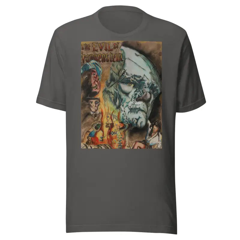 Dark gray unisex Halloween horror t-shirt featuring Frankenstein artwork