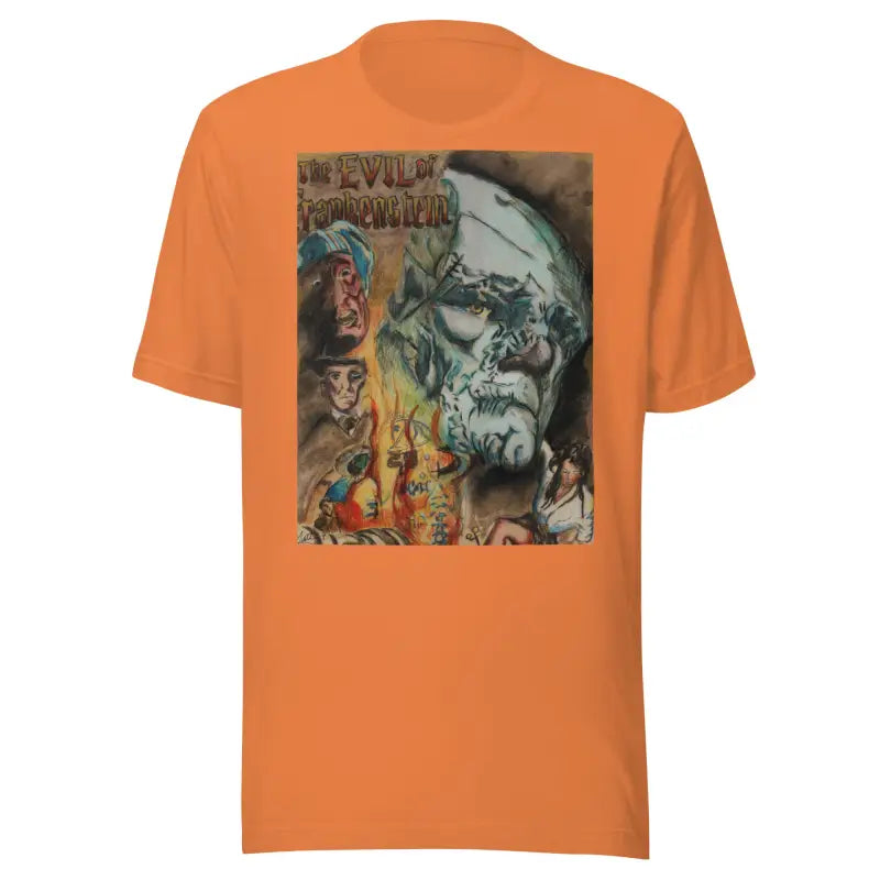 Orange unisex horror t-shirt featuring vintage Evil of Frankenstein artwork for Halloween