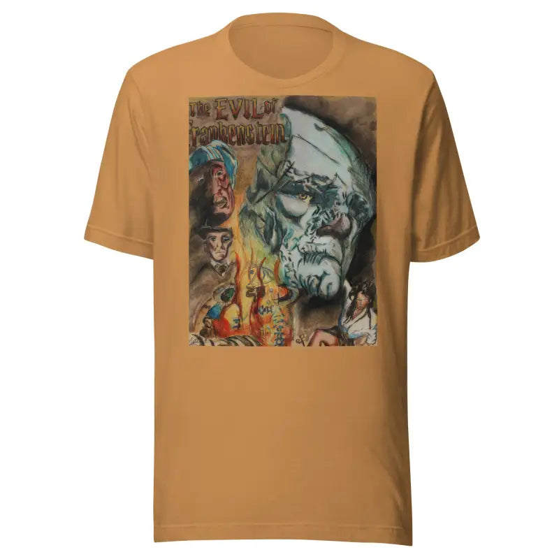 Tan unisex horror T-shirt featuring dark artistic graphics in green and orange tones