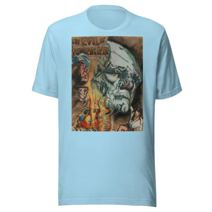 Light blue unisex Halloween T-shirt featuring enchanting Evil of Frankenstein graphic