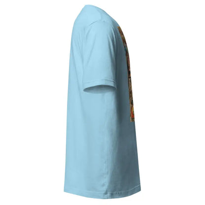 Light blue unisex short-sleeved t-shirt side view featuring Halloween horror design