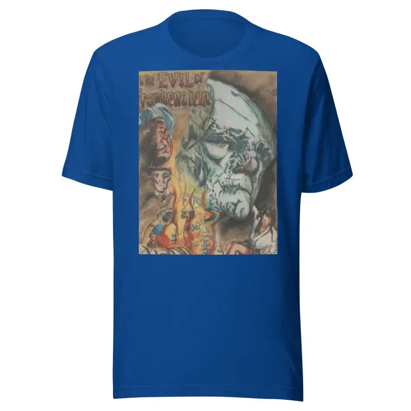 Royal blue unisex horror t-shirt featuring an artistic Evil of Frankenstein graphic