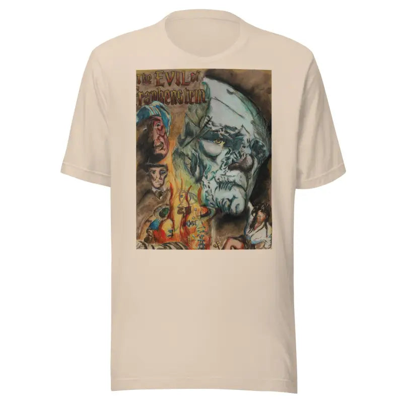 Beige unisex Halloween horror t-shirt with artistic Frankenstein collage graphic