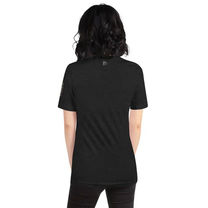 Black unisex horror t-shirt displayed from the back, featuring wavy dark hair