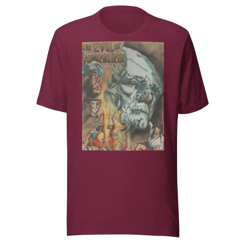 Burgundy unisex Halloween horror t-shirt featuring artistic Frankenstein portrait and flames