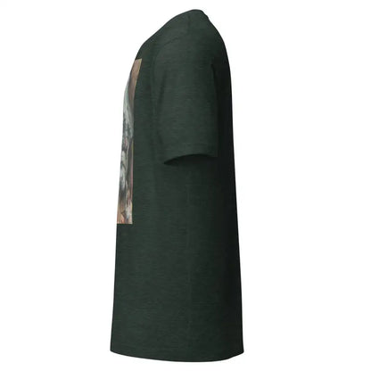 Dark green unisex t-shirt with camouflage sleeve, perfect for Halloween horror enthusiasts