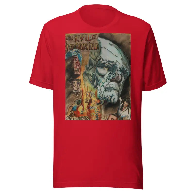 Unisex red horror t-shirt featuring vintage Evil of Frankenstein design for Halloween