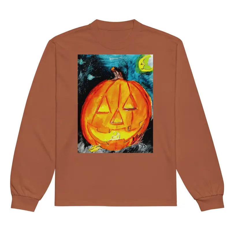 Brown sweatshirt featuring Matthew Dye Art’s whimsical jack-o’-lantern design on back