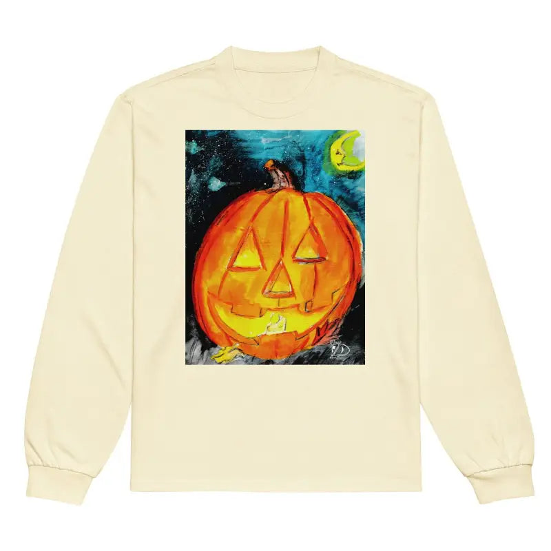 Cream-colored long sleeve sweatshirt with Matthew Dye Art’s whimsical jack-o’-lantern design