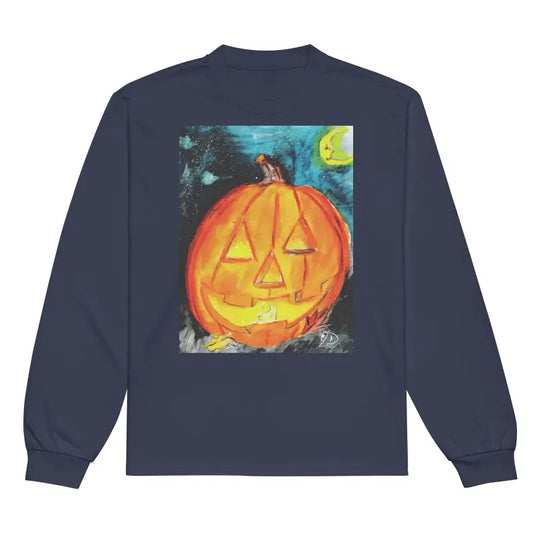 Navy blue sweatshirt showcasing Matthew Dye Art’s whimsical jack-o’-lantern design