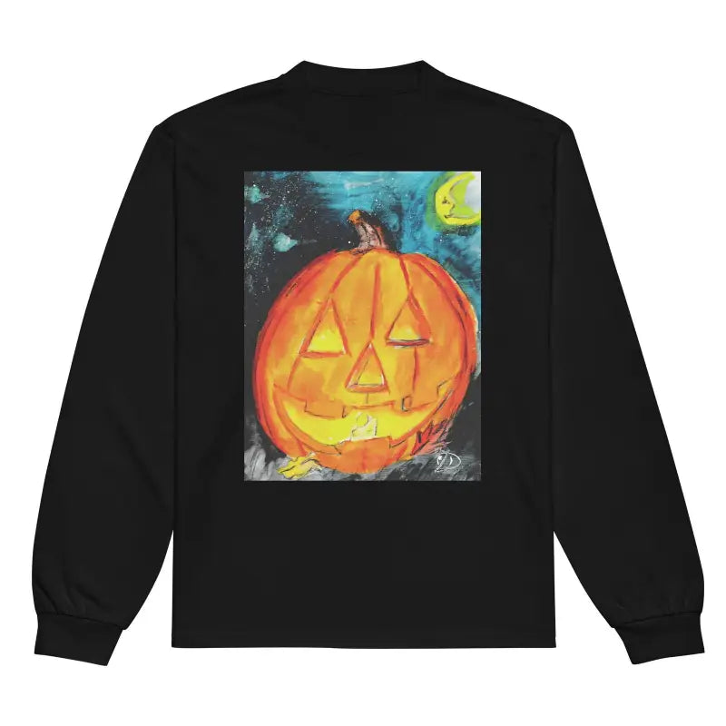 Black sweatshirt showcasing Matthew Dye Art’s whimsical jack-o’-lantern design on back