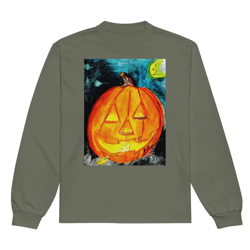 Olive green sweatshirt featuring Matthew Dye Art’s whimsical jack-o’-lantern design