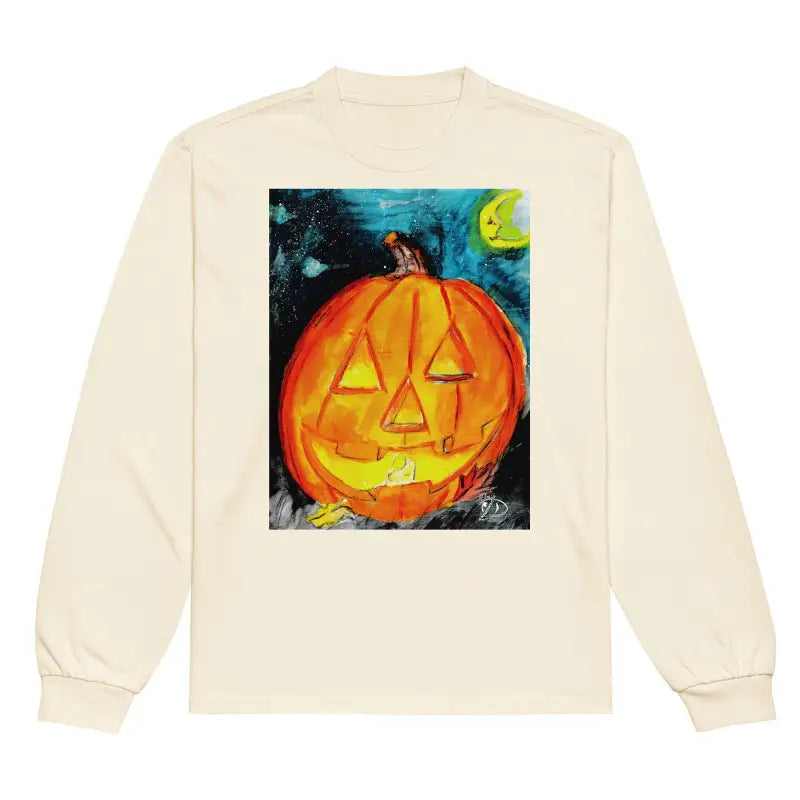 Cream-colored long sleeve shirt with Matthew Dye Art’s whimsical jack-o’-lantern design