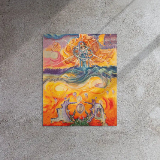 Vibrant abstract painting of ethereal flames in stunning metal print, a magnificent portal