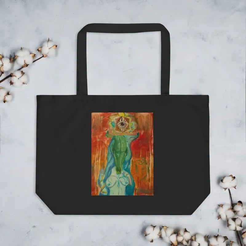 Black tote bag with colorful abstract artwork, part of the Priestess Organic Cotton collection