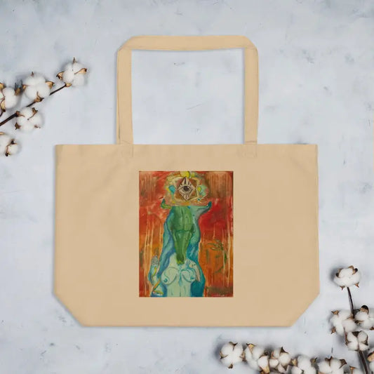 Beige Priestess Organic Cotton Tote Bag featuring colorful abstract artwork in green and orange