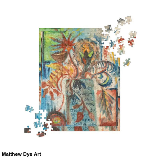 Partially completed Voynich Oil Painting puzzle featuring Matthew Dye art of colorful florals