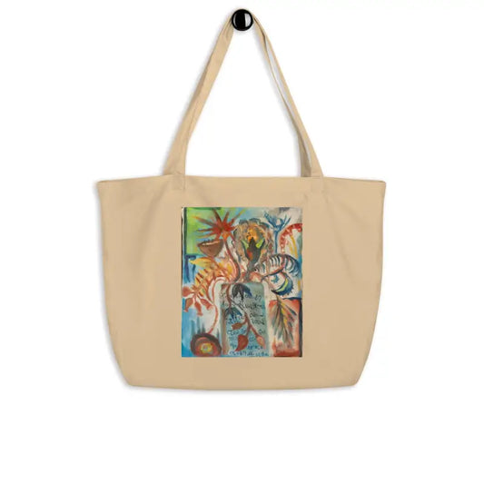 Beige canvas tote bag with colorful abstract floral art, showcasing Voynich Oil Painting design
