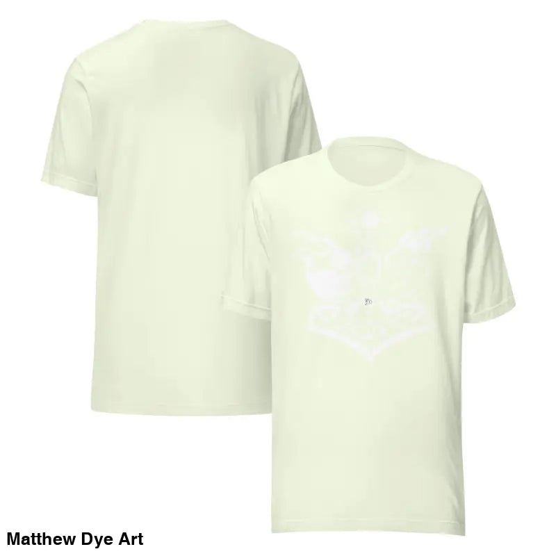 Two light yellow t-shirts featuring the Valhalla Wisdom Tee design celebrating divine legacy
