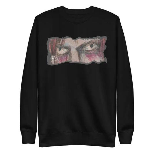 Black sweatshirt featuring artistic eye design in pink and gray tones in classic sweatshirt silhouette