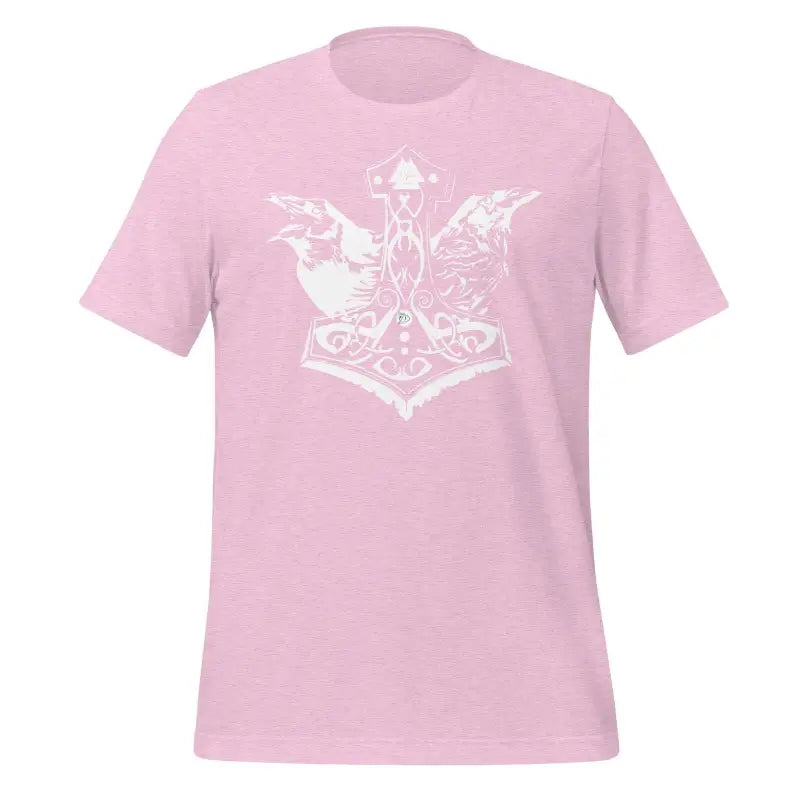 Pink Valhalla Wisdom Tee featuring Thor’s hammer and ravens in Norse design