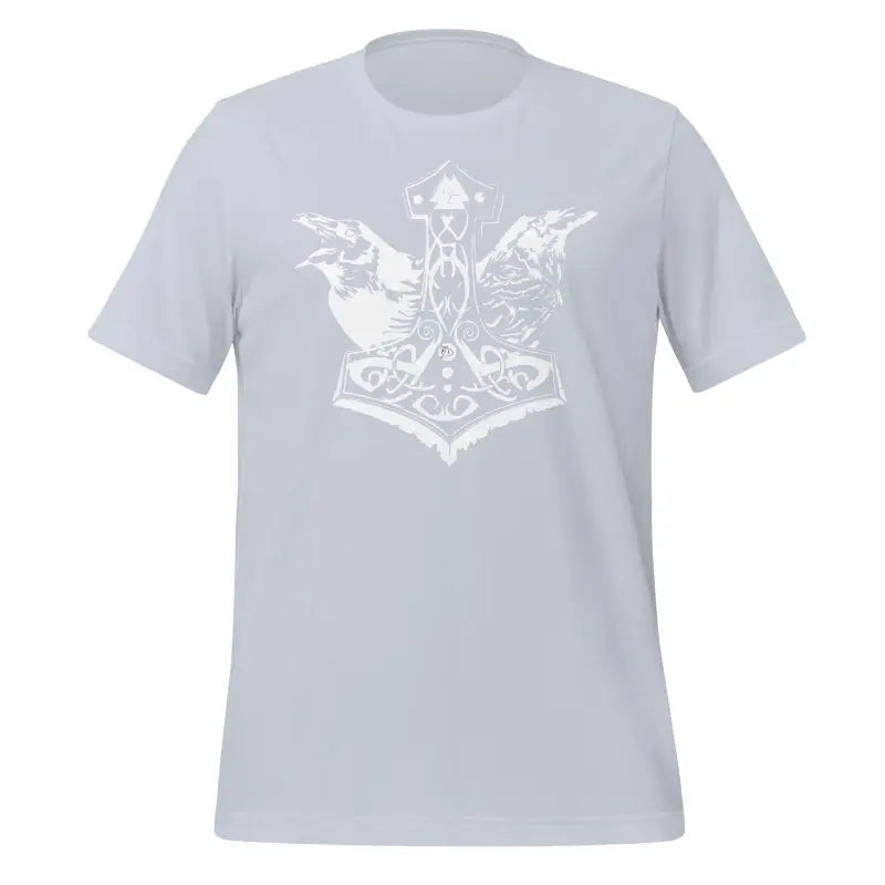 Light gray Valhalla Wisdom Tee featuring Norse-style Thor’s hammer and ravens design