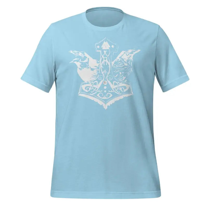 Light blue Valhalla Wisdom Tee featuring a white Norse-style Thor’s hammer and wings design