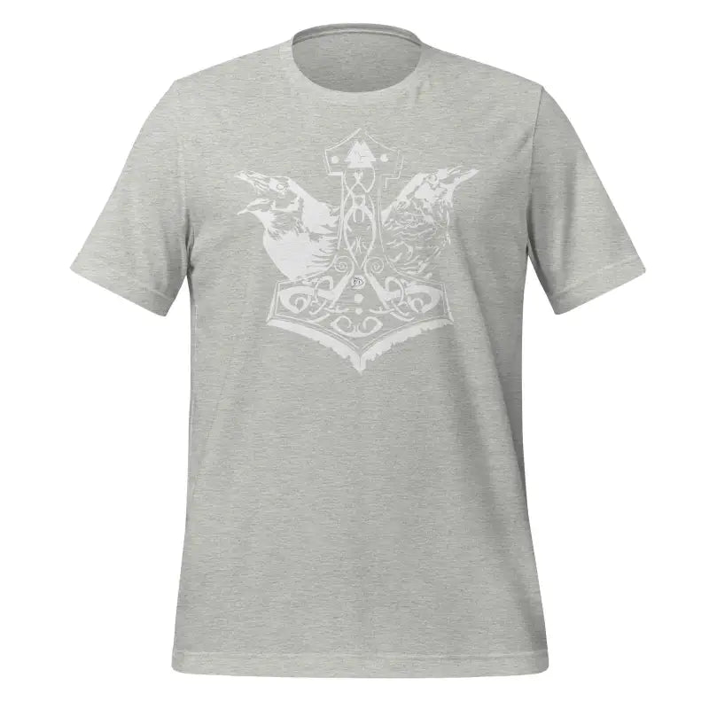 Grey Valhalla Wisdom Tee featuring Mjolnir and ravens, reflecting a divine legacy narrative