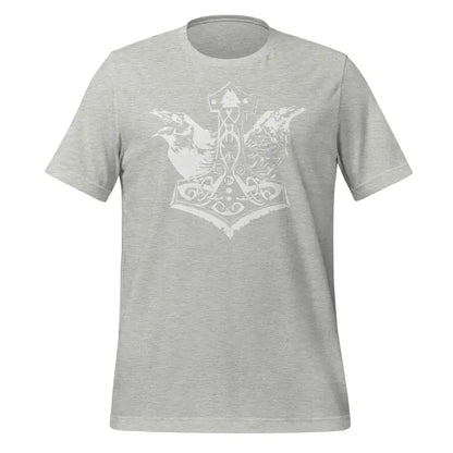 Grey Valhalla Wisdom Tee with white Norse Thor’s hammer Mjolnir and ravens design