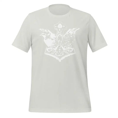 Light gray Valhalla Wisdom Tee featuring a white Thor’s hammer design symbolizing divine legacy