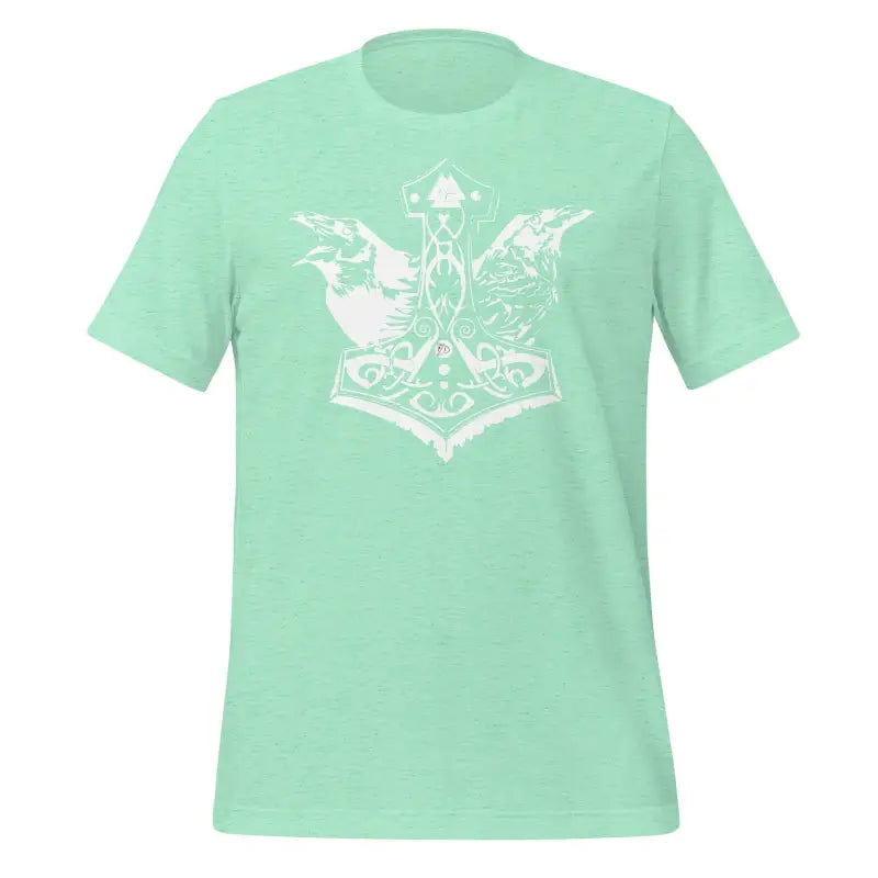 Mint green Valhalla Wisdom Tee featuring Thor’s hammer and ravens in a divine legacy design