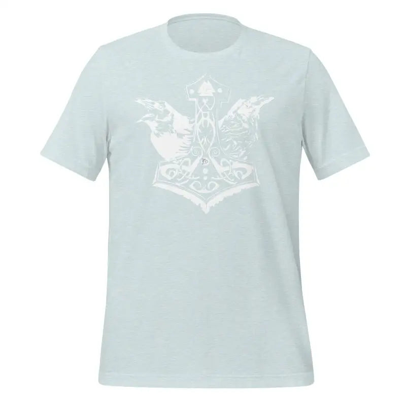 Light blue Valhalla Wisdom Tee featuring a white Norse Thor’s hammer design