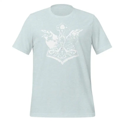 Light blue Valhalla Wisdom Tee featuring white Norse Thor’s hammer design