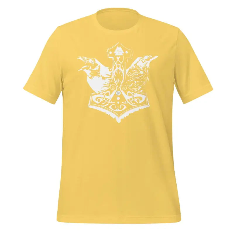 Yellow Valhalla Wisdom Tee featuring a white fairy design, embodying divine legacy