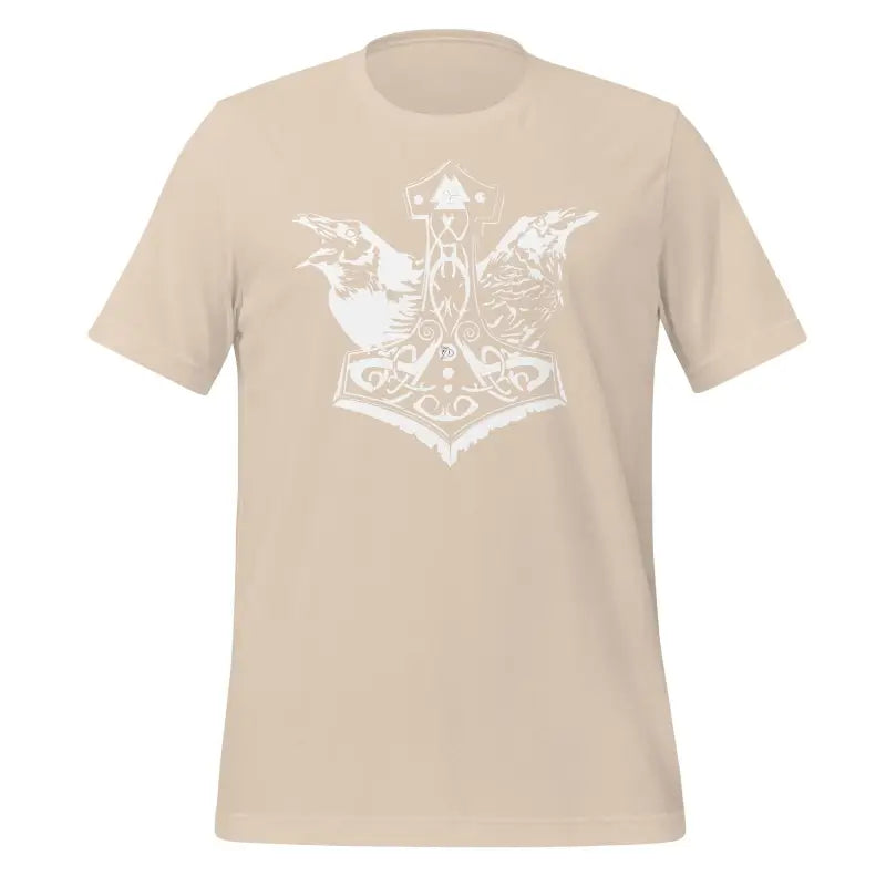 Beige Valhalla Wisdom Tee featuring Norse Thor’s hammer and raven design representing divine legacy