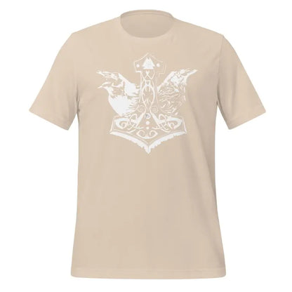 Beige Valhalla Wisdom Tee featuring a Norse-style Thor’s hammer and raven design