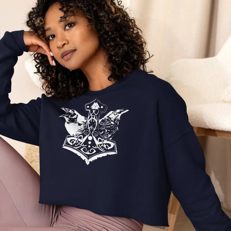 Navy blue cropped sweatshirt with white anchor design, ideal for Valkyrie Spirit collection