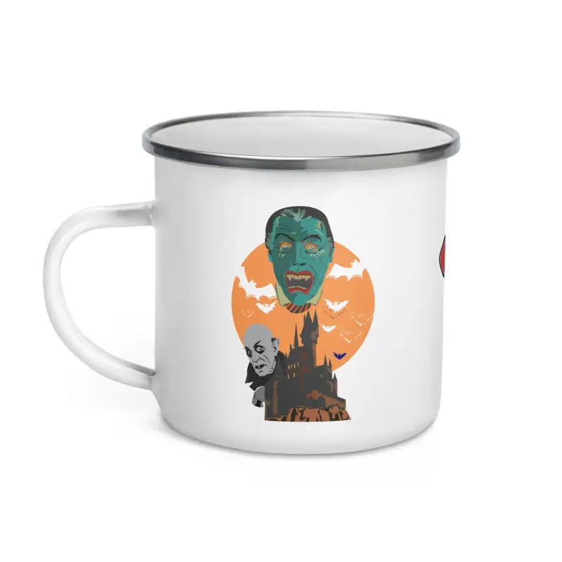 White enamel camping mug with Halloween monster design in Whimsical Nights collection