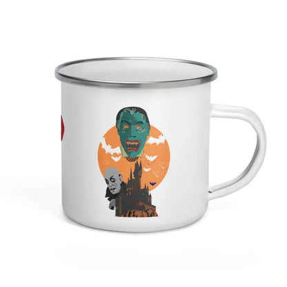 White enamel vampire mug featuring Halloween zombies, bats, and an orange moon artwork