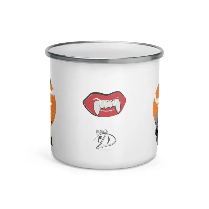 White vampire enamel mug featuring fangs and whimsical designs for happy campers