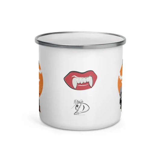 White vampire enamel mug featuring fangs and whimsical designs for happy campers