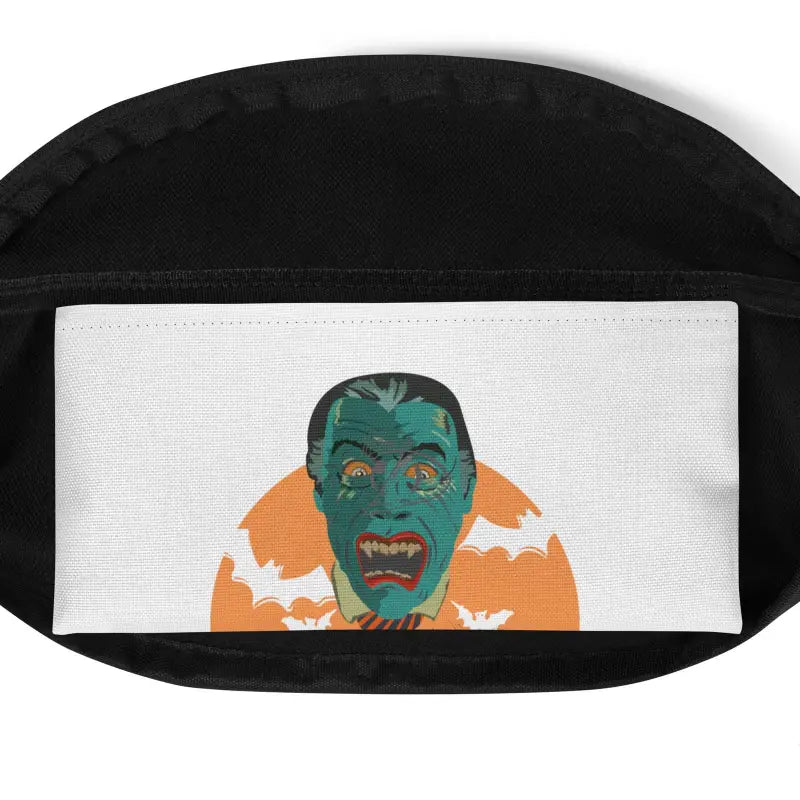 Spooky green monster face with orange moon and bats on Vampire Fanny Pack design