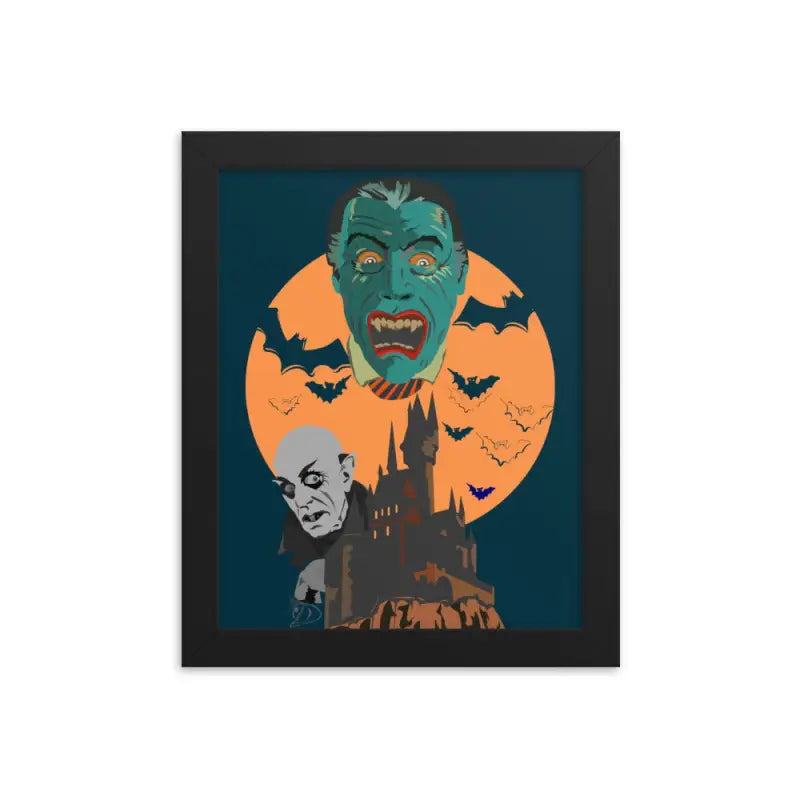 Framed poster of classic monsters with orange moon, perfect for Halloween home office decor